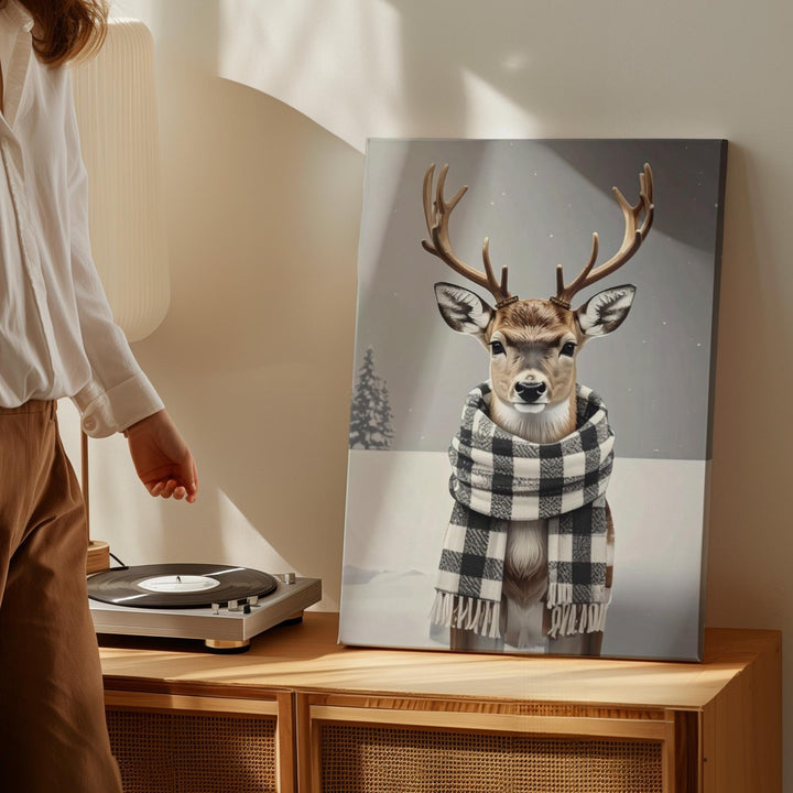 Plaid Scarf Reindeer Canvas – Whimsical Rustic Winter Holiday Wall Art - Gifitto