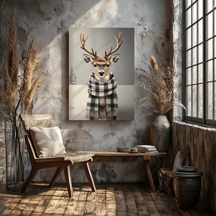 Plaid Scarf Reindeer Canvas – Whimsical Rustic Winter Holiday Wall Art - Gifitto