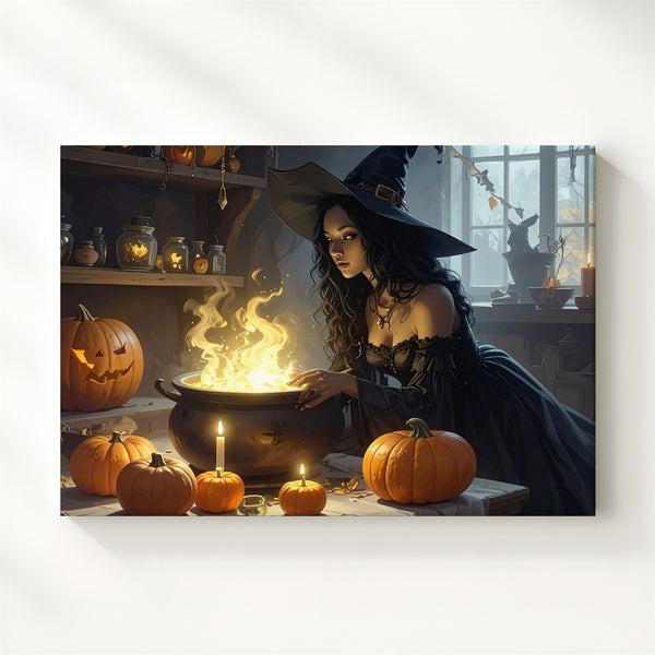 Young Witch & Glowing Cauldron Canvas – Magical Halloween Potion Art - Gifitto
