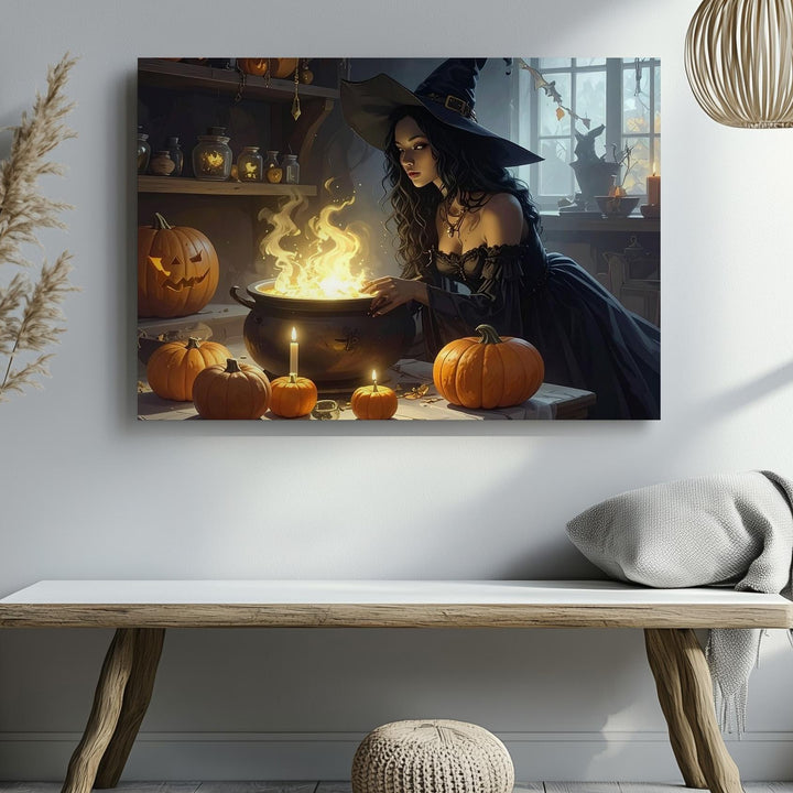 Young Witch & Glowing Cauldron Canvas – Magical Halloween Potion Art - Gifitto