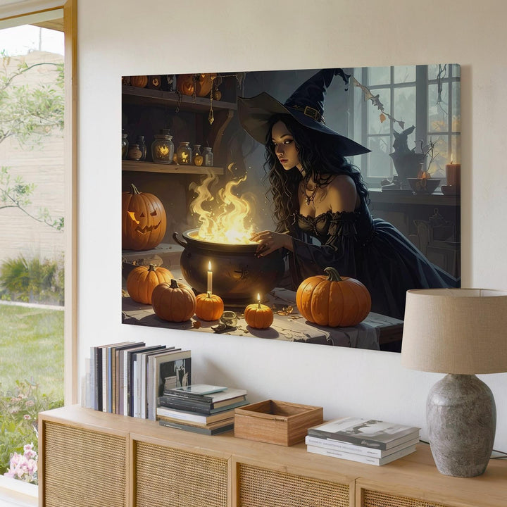 Young Witch & Glowing Cauldron Canvas – Magical Halloween Potion Art - Gifitto
