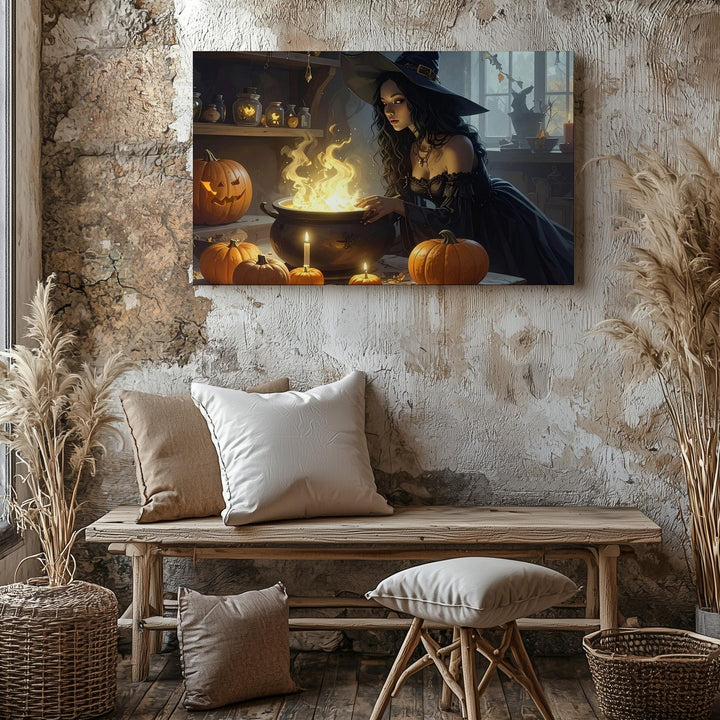 Young Witch & Glowing Cauldron Canvas – Magical Halloween Potion Art - Gifitto
