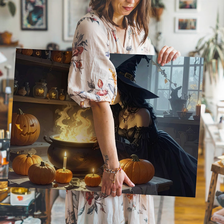 Young Witch & Glowing Cauldron Canvas – Magical Halloween Potion Art - Gifitto