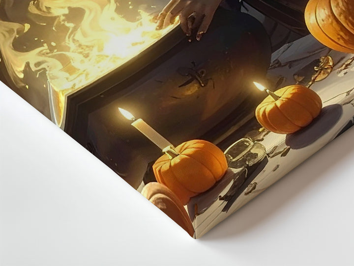 Young Witch & Glowing Cauldron Canvas – Magical Halloween Potion Art - Gifitto