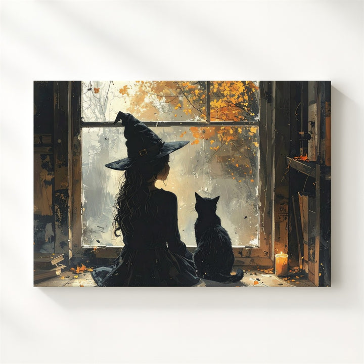 Witch at the Window Canvas – Introspective Autumn Magic Wall Art - Gifitto