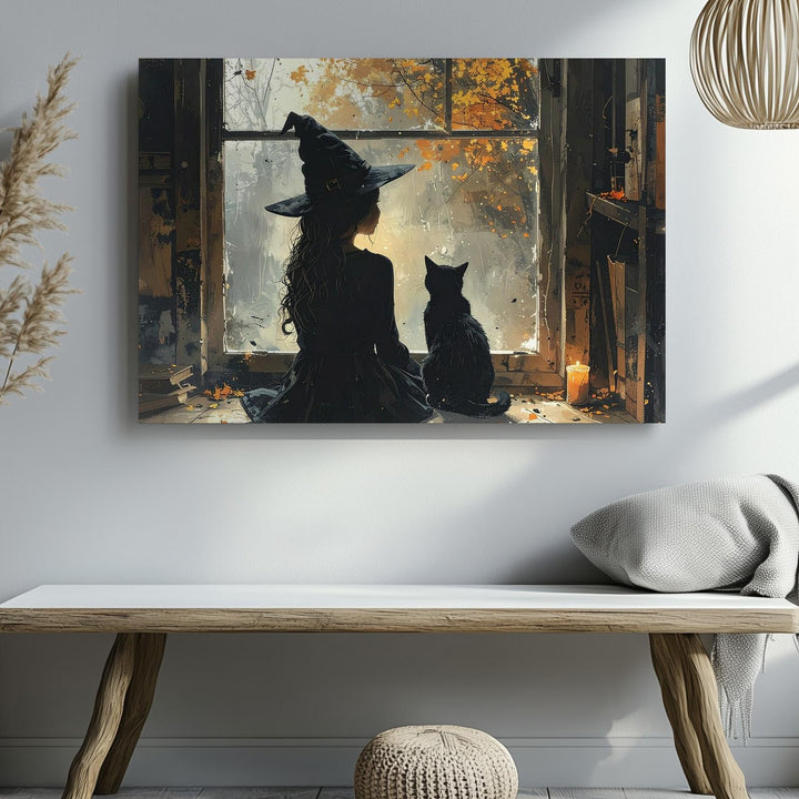 Witch at the Window Canvas – Introspective Autumn Magic Wall Art - Gifitto