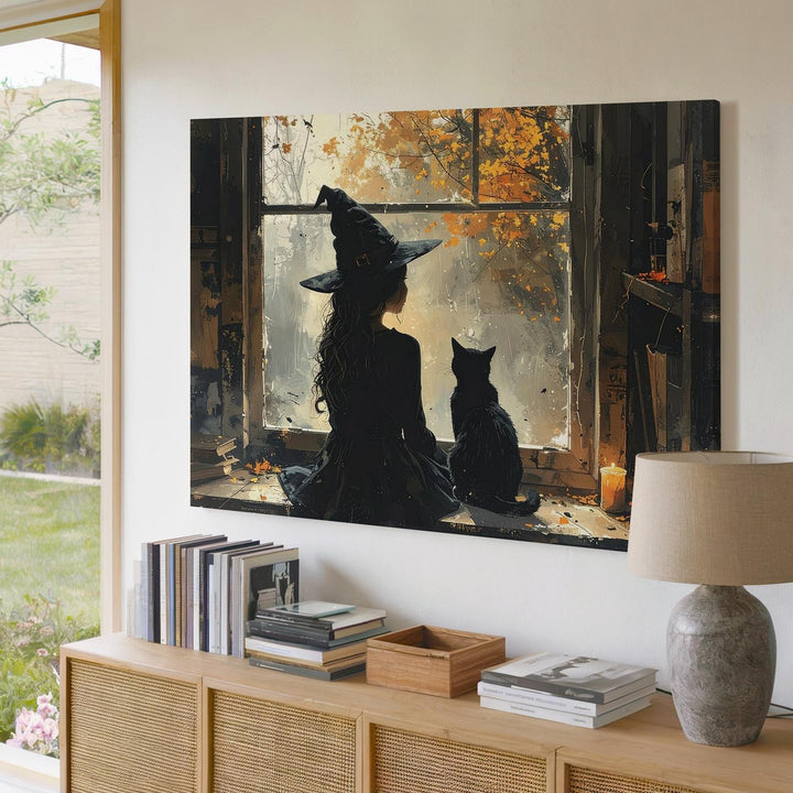 Witch at the Window Canvas – Introspective Autumn Magic Wall Art - Gifitto