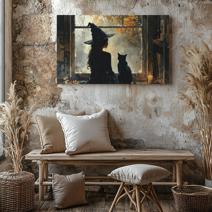 Witch at the Window Canvas – Introspective Autumn Magic Wall Art - Gifitto