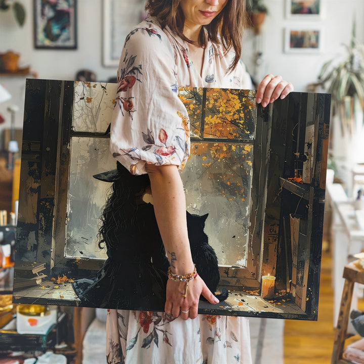 Witch at the Window Canvas – Introspective Autumn Magic Wall Art - Gifitto