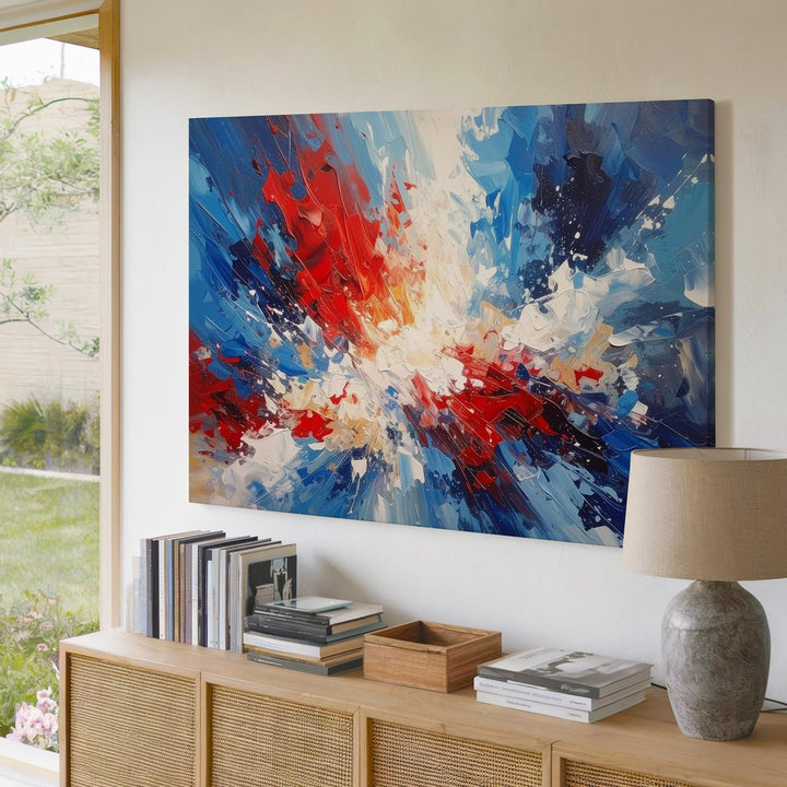 Abstract Patriotic Burst Canvas – Red, White & Blue Modern Expressionist Wall Art - Gifitto