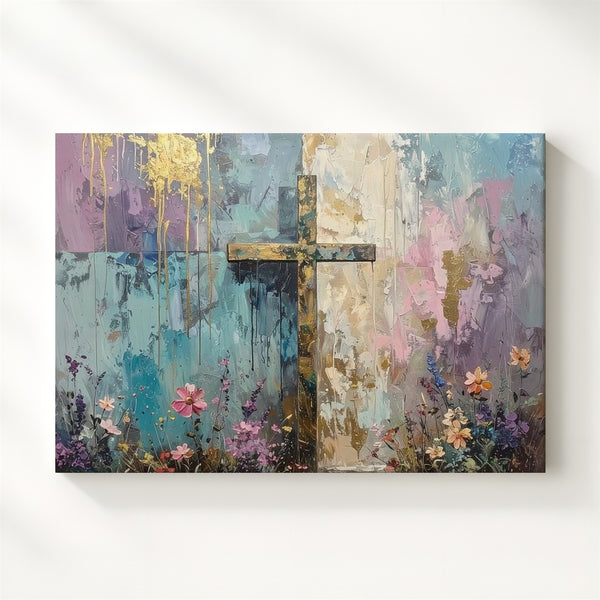 Pastel Grace Canvas – Abstract Cross with Dripping Colors & Floral Texture - Gifitto