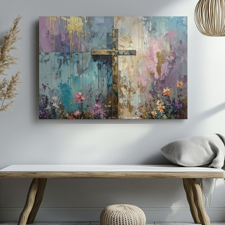Pastel Grace Canvas – Abstract Cross with Dripping Colors & Floral Texture - Gifitto