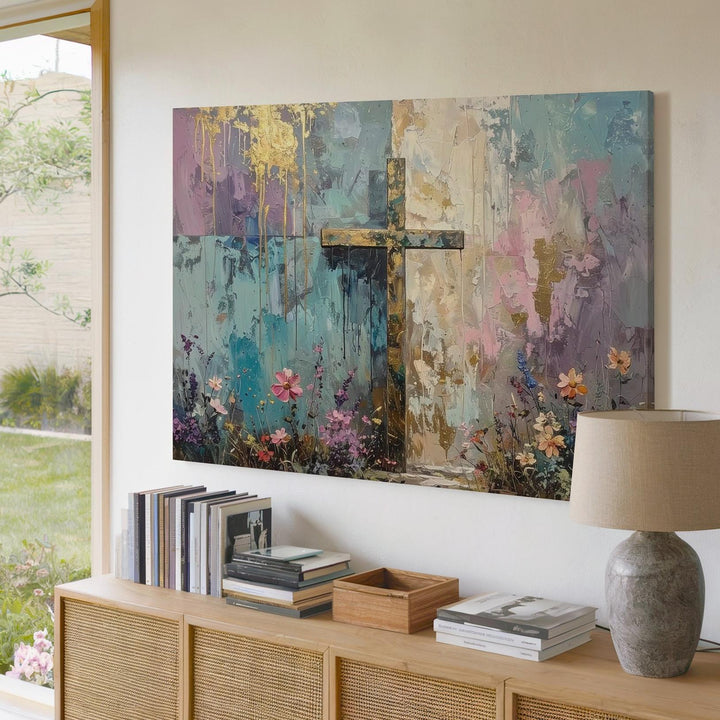 Pastel Grace Canvas – Abstract Cross with Dripping Colors & Floral Texture - Gifitto