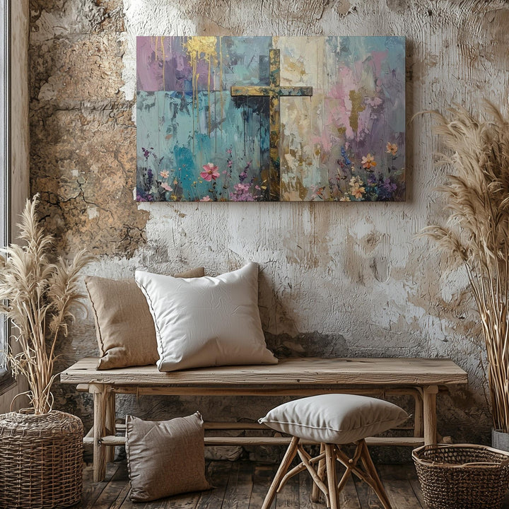 Pastel Grace Canvas – Abstract Cross with Dripping Colors & Floral Texture - Gifitto