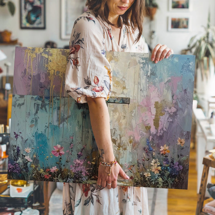Pastel Grace Canvas – Abstract Cross with Dripping Colors & Floral Texture - Gifitto