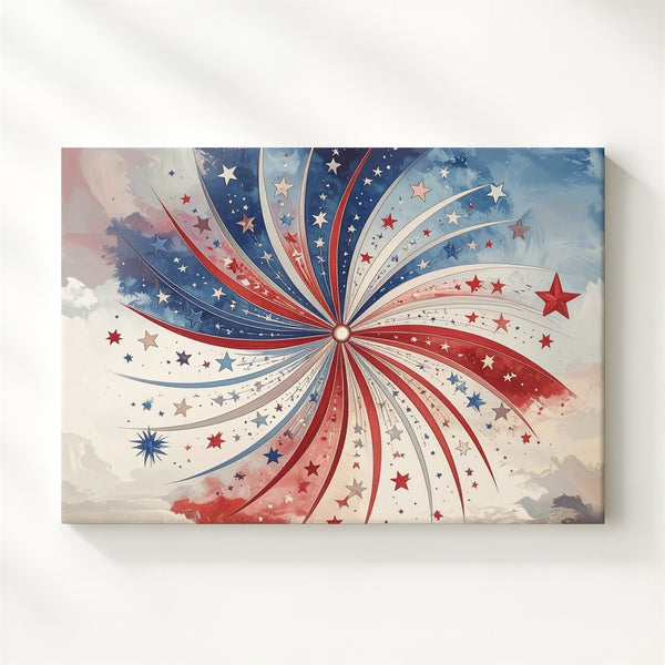 Minimalist Firework Burst Canvas – Red & Blue Stars Patriotic Wall Art - Gifitto