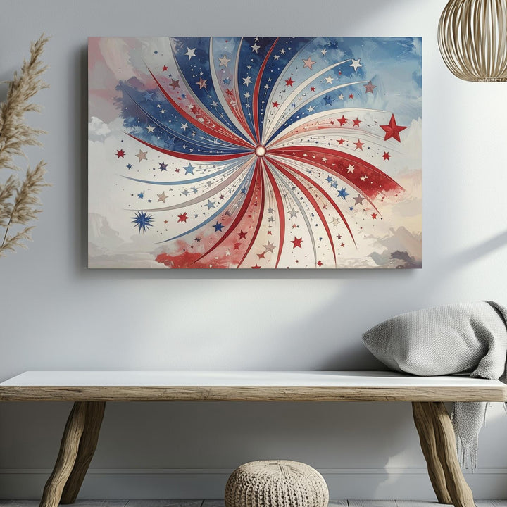 Minimalist Firework Burst Canvas – Red & Blue Stars Patriotic Wall Art - Gifitto