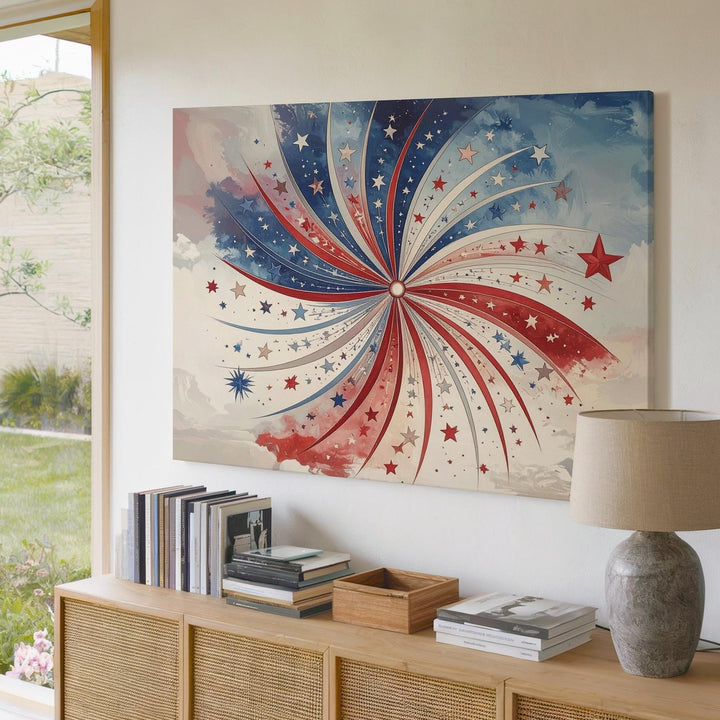 Minimalist Firework Burst Canvas – Red & Blue Stars Patriotic Wall Art - Gifitto