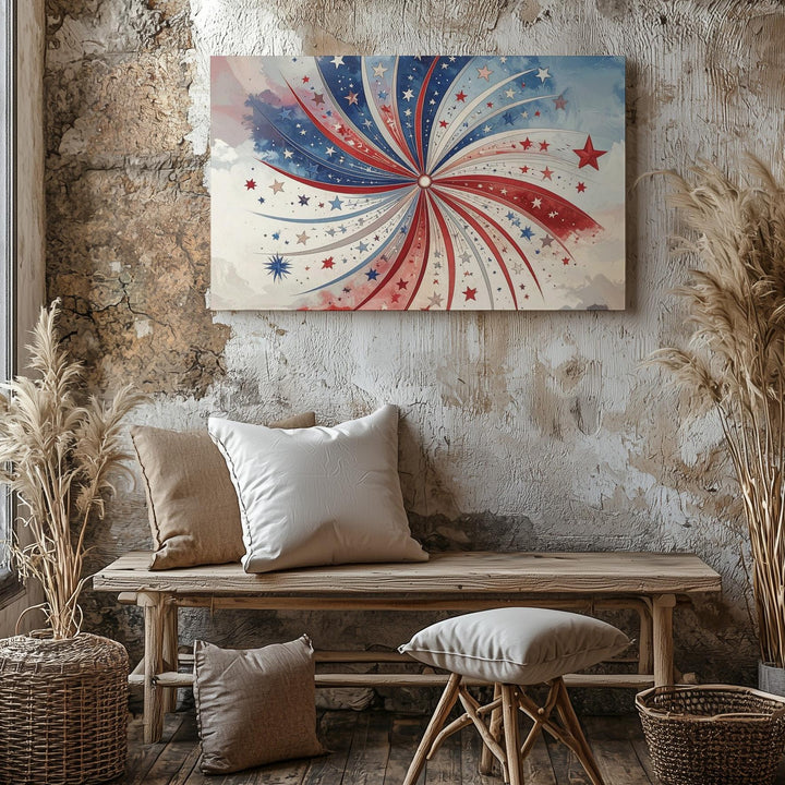 Minimalist Firework Burst Canvas – Red & Blue Stars Patriotic Wall Art - Gifitto