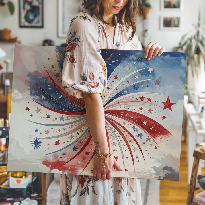 Minimalist Firework Burst Canvas – Red & Blue Stars Patriotic Wall Art - Gifitto