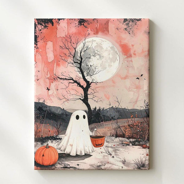 Vintage Cute Ghost Canvas – Pumpkin Pail & Pale Moon Art - Gifitto