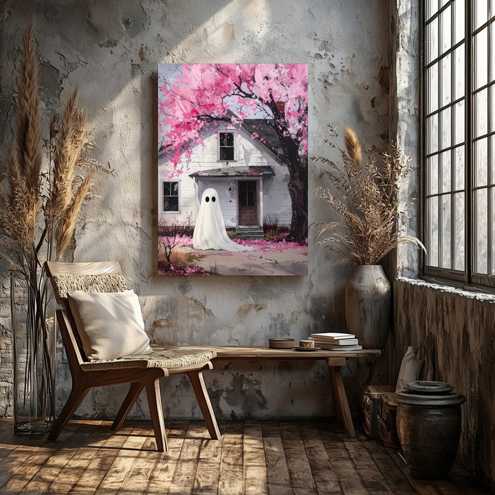 Cherry Blossom Ghost Canvas – Sweet Surreal Spring Halloween Art - Gifitto