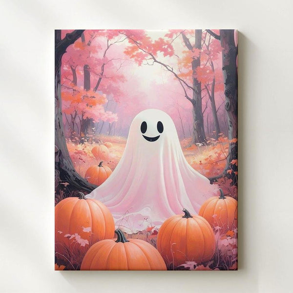 Smiling Ghost & Pumpkin Canvas – Dreamy Pastel Halloween Forest Art - Gifitto