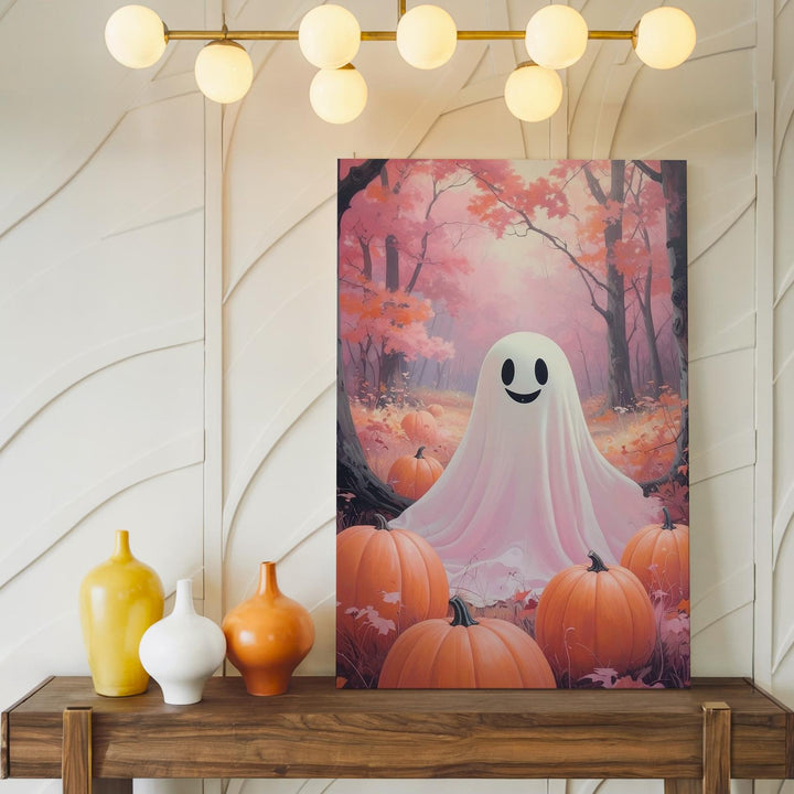 Smiling Ghost & Pumpkin Canvas – Dreamy Pastel Halloween Forest Art - Gifitto