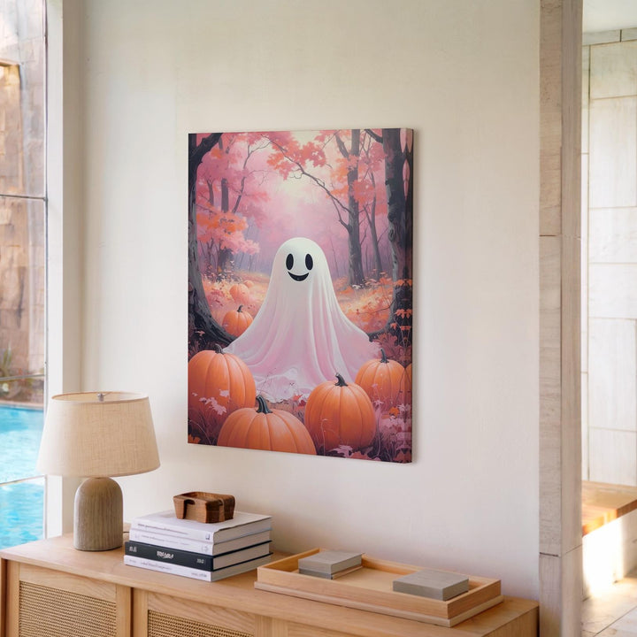 Smiling Ghost & Pumpkin Canvas – Dreamy Pastel Halloween Forest Art - Gifitto