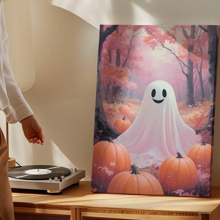 Smiling Ghost & Pumpkin Canvas – Dreamy Pastel Halloween Forest Art - Gifitto
