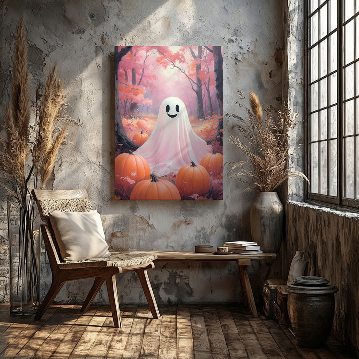Smiling Ghost & Pumpkin Canvas – Dreamy Pastel Halloween Forest Art - Gifitto