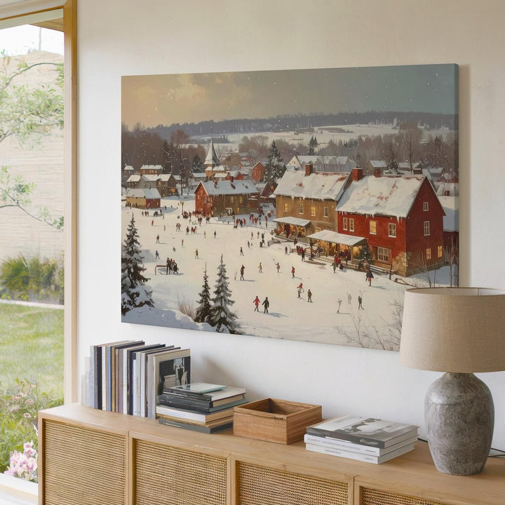 Whimsical Snowy Village Square Canvas – Festive Aerial Winter Scene - Gifitto