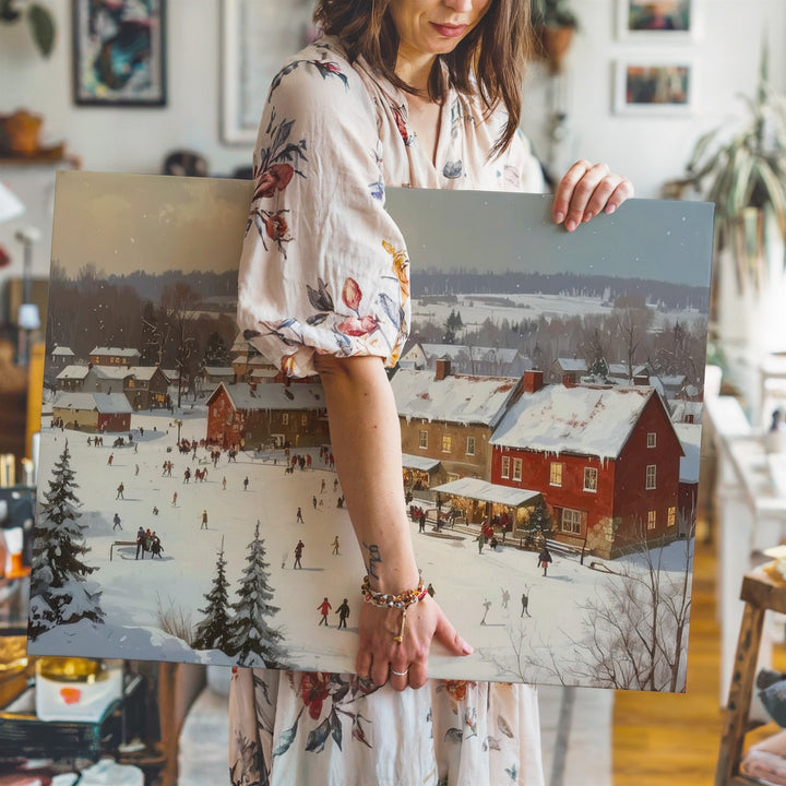 Whimsical Snowy Village Square Canvas – Festive Aerial Winter Scene - Gifitto