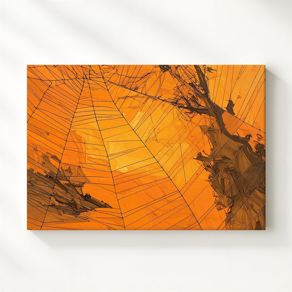 Abstract Spiderweb Canvas – Ink-Stroke Halloween Wall Art in Deep Orange - Gifitto