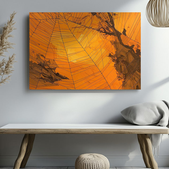 Abstract Spiderweb Canvas – Ink-Stroke Halloween Wall Art in Deep Orange - Gifitto