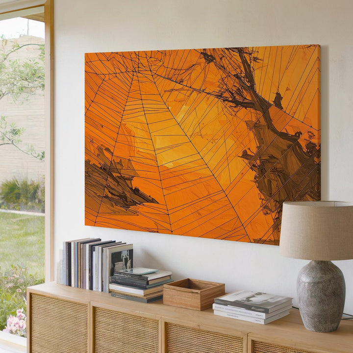 Abstract Spiderweb Canvas – Ink-Stroke Halloween Wall Art in Deep Orange - Gifitto