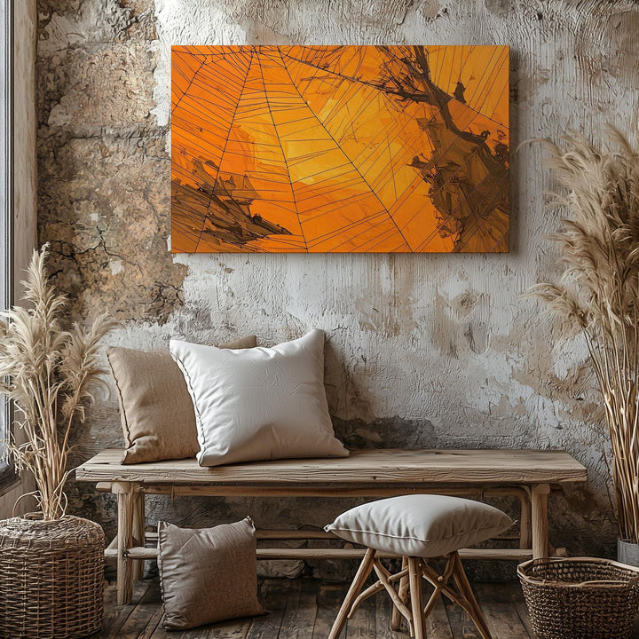 Abstract Spiderweb Canvas – Ink-Stroke Halloween Wall Art in Deep Orange - Gifitto