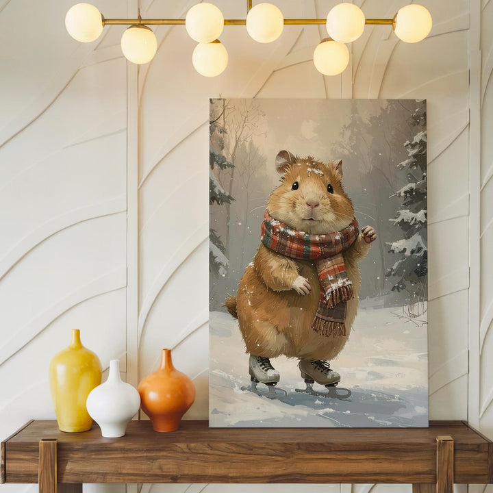 Skating Guinea Pig Canvas – Whimsical Winter Animal Fantasy Wall Art - Gifitto