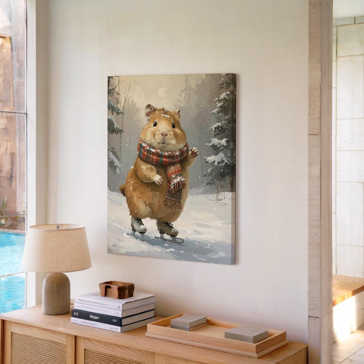 Skating Guinea Pig Canvas – Whimsical Winter Animal Fantasy Wall Art - Gifitto