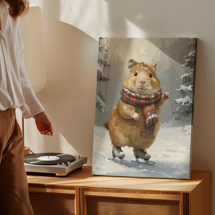 Skating Guinea Pig Canvas – Whimsical Winter Animal Fantasy Wall Art - Gifitto