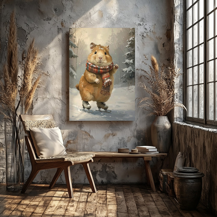 Skating Guinea Pig Canvas – Whimsical Winter Animal Fantasy Wall Art - Gifitto
