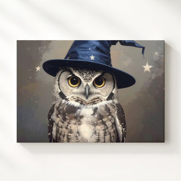 Wizard Owl Canvas – Whimsical Halloween Art with Starry Hat and Autumn Charm - Gifitto