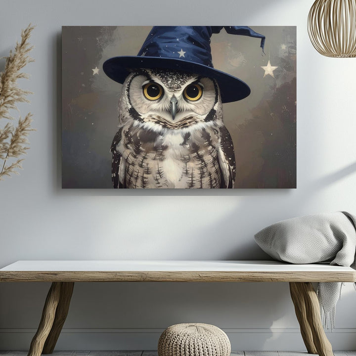 Wizard Owl Canvas – Whimsical Halloween Art with Starry Hat and Autumn Charm - Gifitto
