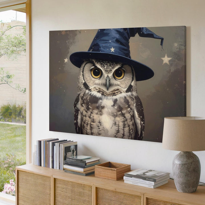 Wizard Owl Canvas – Whimsical Halloween Art with Starry Hat and Autumn Charm - Gifitto