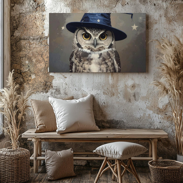 Wizard Owl Canvas – Whimsical Halloween Art with Starry Hat and Autumn Charm - Gifitto