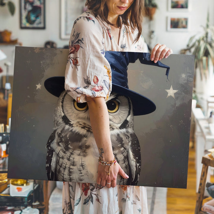 Wizard Owl Canvas – Whimsical Halloween Art with Starry Hat and Autumn Charm - Gifitto