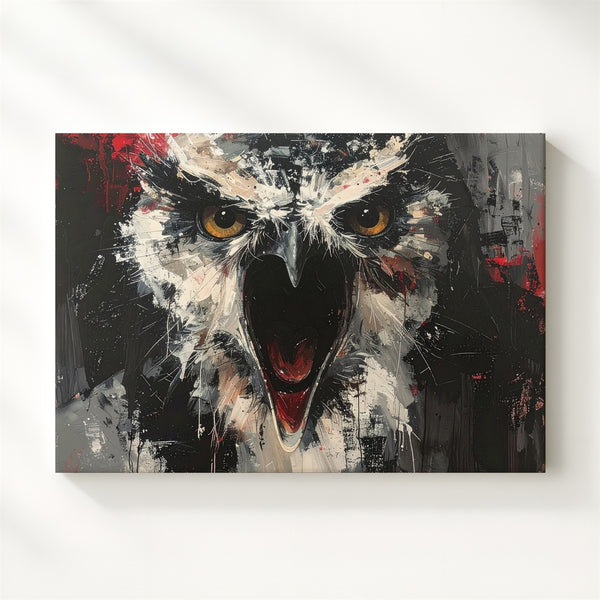 Screaming Owl Expressionist Canvas – Fierce Nocturnal Halloween Art - Gifitto