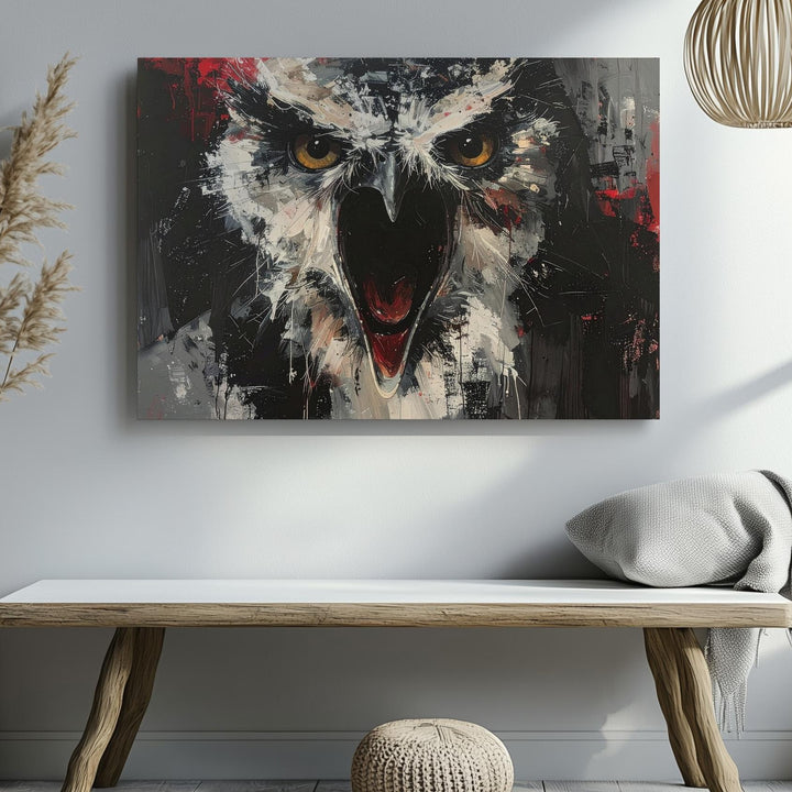 Screaming Owl Expressionist Canvas – Fierce Nocturnal Halloween Art - Gifitto