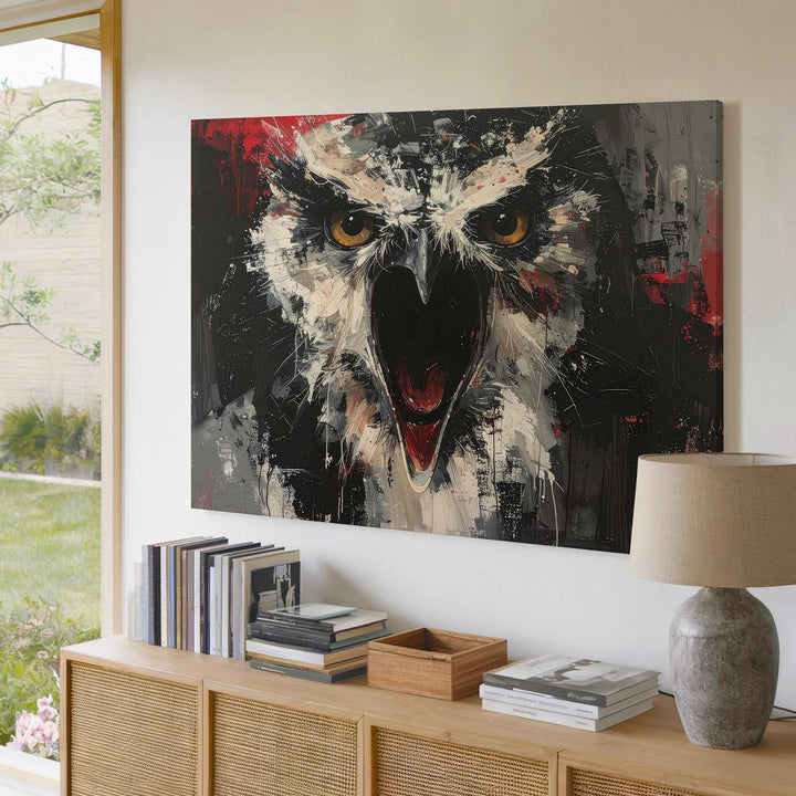 Screaming Owl Expressionist Canvas – Fierce Nocturnal Halloween Art - Gifitto