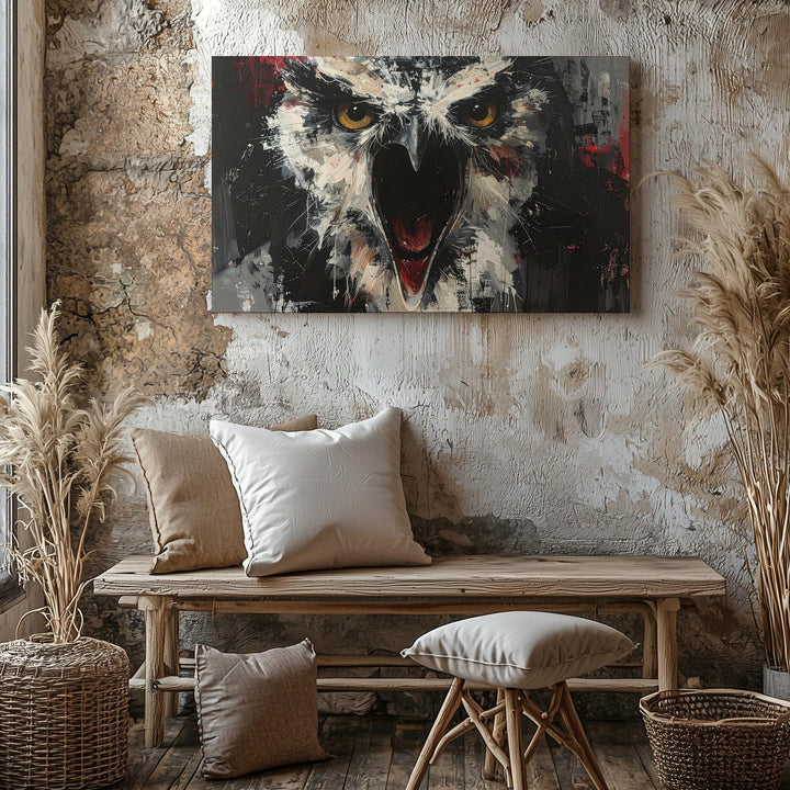 Screaming Owl Expressionist Canvas – Fierce Nocturnal Halloween Art - Gifitto